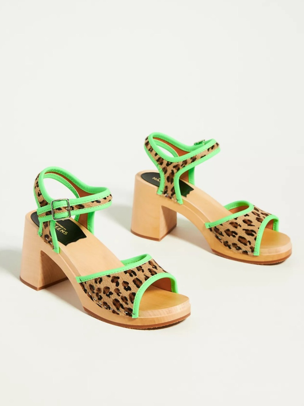 Swedish Hasbeens - Leopard Print Block Heel Sandals with Neon Green Trim